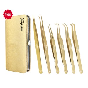 6PCS Complete Gold Titanium Coated Volume Tweezers Eyelash Extension Set With Gold Metallic Magnetic Pouch