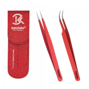 Eyelash Extension Tweezers With Red Metallic Powder Coated With Red Magnetic Double Tweezers Pouch
