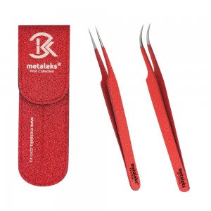 Eyelash Extension Tweezers With Red Metallic Powder Coated With Red Glitter Magnetic Double Tweezers Pouch