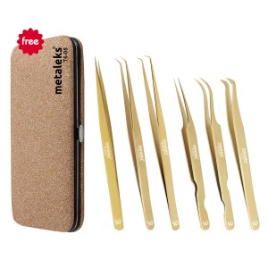 6PCS Complete Golden Titanium Coated Eyelash Extension Tweezers Set In Copper Color Glitter Magnetic Kit - Made of Japanese Stainless Steel