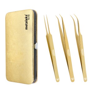 14CM Professional Eyelash Extension Tweezers - Japanese Stainless Steel - Golden Titanium Coated With Magnetic Kit
