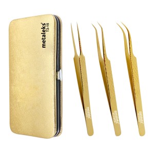 14cm - Texture Surface Grip - Professional Eyelash Extension Tweezers - Japanese Stainless Steel - Golden Titanium Coated With Magnetic Kit