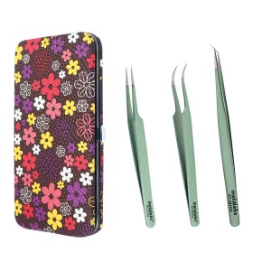 3Pcs Kit of Eyelash Extension Tweezers In Multi Flower Magnetic Kit - Made In Surgical Stainless Steel