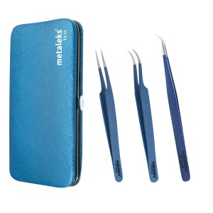 3Pcs Kit of Eyelash Extension Tweezers In Blue Magnetic Kit - Made In Surgical Stainless Steel