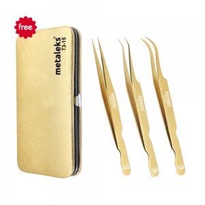 3PCS Complete Gold Titanium Coated Volume Tweezers Eyelash Extension Set With Gold Metallic Magnetic Pouch