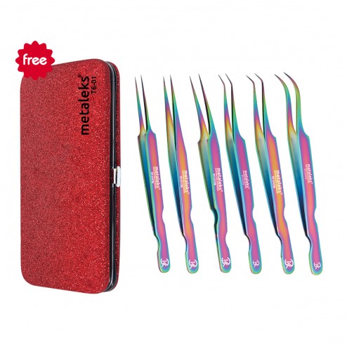 6PCS Complete Multi Titanium Coated Eyelash Extension Tweezers Set With Red Metallic Magnetic Pouch