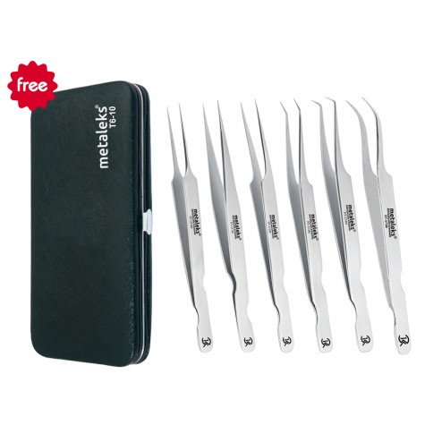 6PCS Complete Matt Finish Eyelash Extension Tweezers Set With Black Magnetic Pouch for Six Instruments