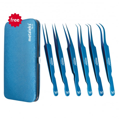 6PCS Complete Blue Titanium Coated Eyelash Extension Tweezers Set With Blue Metallic Magnetic Pouch