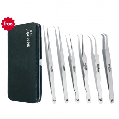 6PCS Complete Matt Finish Volume Tweezers Eyelash Extension Set With Black Magnetic Pouch  for Six Instruments