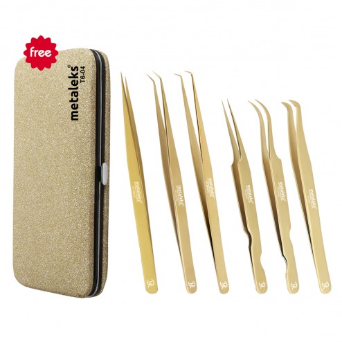 6PCS Complete Golden Titanium Coated Eyelash Extension Tweezers Set In Golden Glitter Magnetic Kit - Made of Japanese Stainless Steel