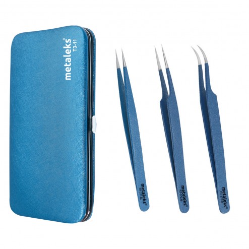 3 Pcs Kit of Eyelash Extension Tweezers In Blue Magnetic Kit - Made In Surgical Stainless Steel