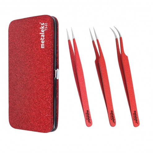3Pcs Kit of Eyelash Extension Tweezers In Glitter Red Magnetic Kit - Made In Surgical Stainless Steel