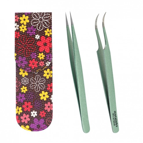 Eyelash Extension Tweezers, With Metallic Light Green Powder Coated, FREE Multi Color Flower Magnetic Double Tweezers Pouch