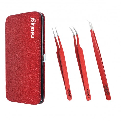 3Pcs Kit of Eyelash Extension Tweezers In Glitter Red Magnetic Kit - Made In Surgical Stainless Steel