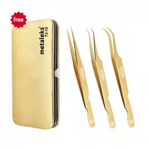 3PCS Complete Gold Titanium Coated Volume Tweezers Eyelash Extension Set With Gold Metallic Magnetic Pouch