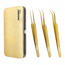 14cm - Texture Surface Grip - Professional Eyelash Extension Tweezers - Japanese Stainless Steel - Golden Titanium Coated With Magnetic Kit