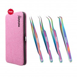 4PCS - 12CM Multi Titanium Coated Eyelash Extension Tweezers With Pink Glitter Magnetic Kit - Made of Japanese Stainless Steel