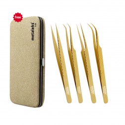 4PCS - 14CM Golden Titanium Coated Eyelash Extension Tweezers With Golden Glitter Elastic Kit - Made of Japanese Stainless Steel